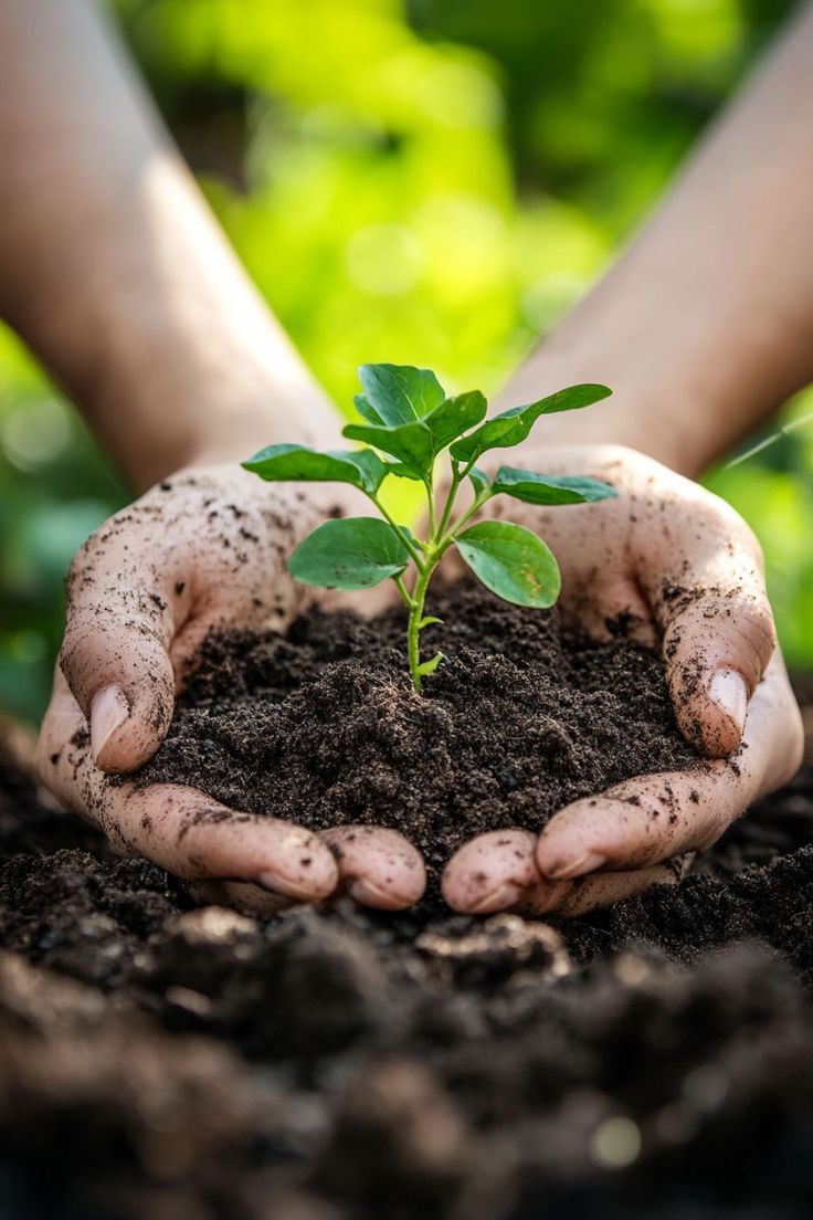 Farmer's hands holding rich soil and a young seedling